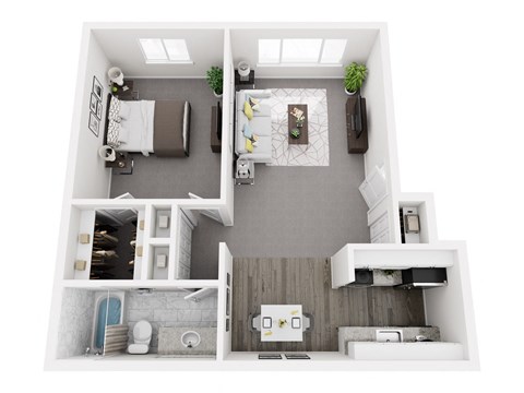 A top down view of a small apartment with a kitchen, living room, and bathroom.
